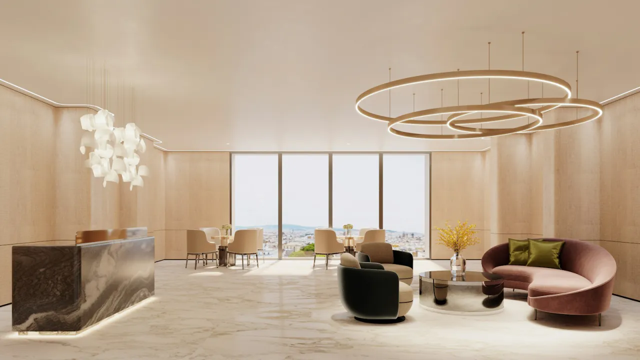 A daylit hotel lounge in use