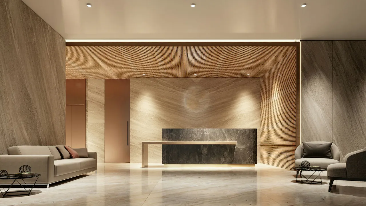 A quiet hotel reception in stone and timber