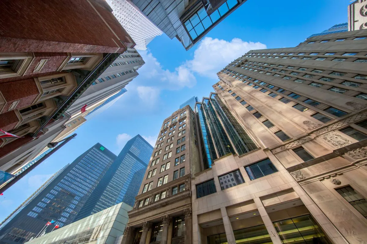 Office towers in Toronto's financial district, seen from street level